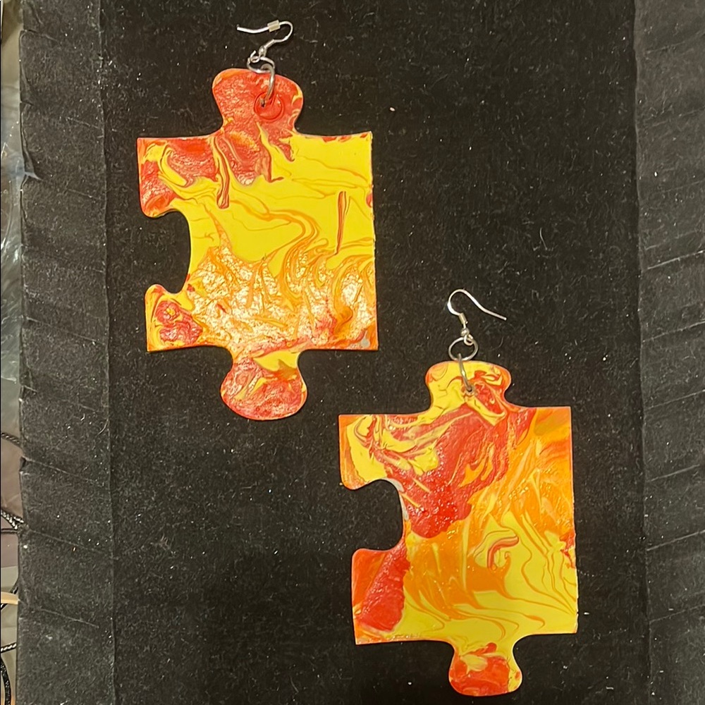 Exclusive Rare Unique Handmade Puzzle Piece Earrings - Red and Yellow Swirl